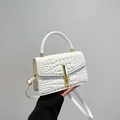 White croc-effect leather crossbody flap bag with gold metal buckle and top handle - White