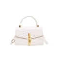 White croc-effect crossbody bag with gold hardware and top handle on white background - White