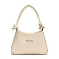 Beige lace shoulder bag with knotted handle and gold hardware for elegant women - White