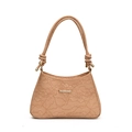Beige lace-textured shoulder bag with gold hardware and knotted strap details - Khaki