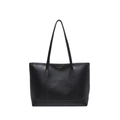 Minimalist black leather tote bag with gold logo and long shoulder straps on white background - Black