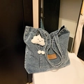 Large denim tote bag in washed blue with white cloud pendant for casual daily use - Style 1 Light Blue And Cloud Pendant