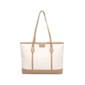 Retro cream and brown large tote bag with leather straps and central fashion logo - White