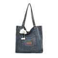 Large capacity denim tote bag in dark blue grey with shoulder straps and plush cloud charm - Light Blue-Leather Label (With Cloud Charm)