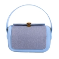 Blue crossbody box bag with striped flap and golden shell clasp on white background - Blue