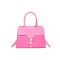 Pink crocodile embossed leather crossbody bag with golden clasp and double top handles - Pink