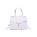 White minimalist handbag with crocodile pattern texture and golden hardware lock - White