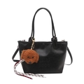 Retro black leather bucket bag with embossed letters and a cute brown puppy plush charm - Black with Pendant