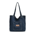Deep blue denim canvas tote bag with a large capacity and brown logo patch - Deep Blue-Leather Label (With Cloud Charm)