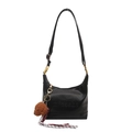 Classic black faux leather shoulder bag with a cute plush puppy pendant and golden buckle - Black with Pendant