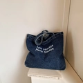 Grand sac cabas en jean bleu foncé avec broderie Less Mondays More Sundays - Bleu Foncé-Broderie Less Mondays (Sans Pendentif)