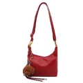 Red leather hobo shoulder bag with embossed logo and plush teddy bear charm - Red with Pendant