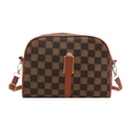 Retro plaid crossbody bag in dark coffee with orange-brown straps and geometric logo pattern - Geometric Brown