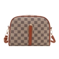 Vintage checkered crossbody bag with brown leather trim and golden metal clasp closure - Geometric Khaki