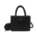Minimalist black leather square handbag with round coin purse and gold hardware detailing - Black