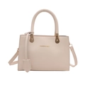 Minimalist beige leather tote bag with gold lettering and detachable shoulder strap - White