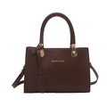 Structured dark brown minimalist square handbag with gold hardware and top handle - Brown