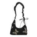 Borsa hobo nera retrò con stampa a farfalla e tracolla arricciata con fiocco - Ricamo Farfalla Oro