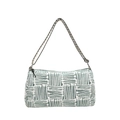 Green and white geometric patterned nylon tote bag with wide adjustable woven strap - Green
