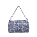 Blue and white striped knit cylindrical shoulder bag with geometric pattern design - Blue