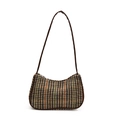 Chique tweed geruite schoudertas met bruine leren riem in herfstkleurenmix - Koffie Zonder Hanger