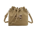 Khaki drawstring bucket bag in faux leather featuring a large metallic bow decoration - Green