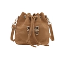 Khaki drawstring bucket bag with gold metal bow clasp and crinkled texture - Khaki