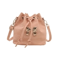 Fashion drawstring bucket bag in pink PU leather with a gold metallic bow accent - Light Pink