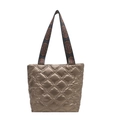 Champagne gold quilted tote bag with diamond stitching and patterned woven shoulder strap - Gold