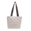 Silver quilted quilted tote bag with metallic finish and wide floral pattern shoulder strap - White