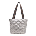 Silver quilted tote bag with colorful ethnic pattern straps and metallic finish - Silver