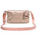 Minimalistische beige PU-Umhängetasche mit dekorativen Schnallen und rosa Stoff-Schultergurt - Rosa
