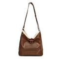 Borsa a secchiello in finta pelle marrone con bordo in montone bianco e bottone in corno - Marrone