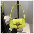 Detail of lime green underarm bag with gold buckle and knotted shoulder strap - Green