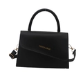 Schicke schwarze Trapez-Handtasche mit asymmetrischer Klappe und goldener Aufschrift - Schwarz