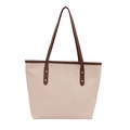 Minimalist large tote bag with beige geometric texture and brown contrasting handles - White