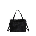 Plush black faux fur tote bag with adjustable leather straps for crossbody or hand carry - Black