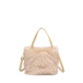 Plush beige crossbody shoulder bag with faux leather handles and adjustable strap - Khaki