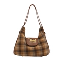 Borsa hobo a quadri marroni con stampa a cartone e spalline in pelle in vista frontale - Cachi