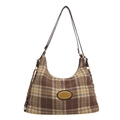 Bolso sobaco elegante en tweed de cuadros marrón con placa dorada y cadena de metal - Marrón