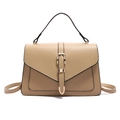 Beige lychee pattern leather crossbody bag with flap and golden buckle on white background - Khaki