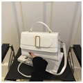 Détail du sac à main en cuir blanc avec boucle dorée rectangulaire et texture fine - Blanc