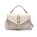 Cream white vintage small square bag with lychee texture and gold buckle on white background - White