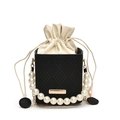 Elegant black woven bucket bag with pearl handle and drawstring closure for women - Black