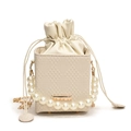 Elegant cream pearl bucket bag featuring woven faux leather and a gold chain strap - White