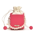 Pink woven bucket bag with pearl chain handle and drawstring inner pouch for women - Pink