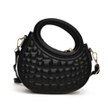 Quilted black semi-circle handbag with round top handle and golden crossbody metal strap - Black