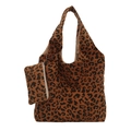 Grand sac fourre-tout en velours côtelé à imprimé léopard et petite pochette assortie - Marron
