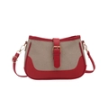 Bolso de hombro retro en cuero rojo y lona gris con hebilla de cinturón decorativa - Rojo