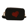 Black lychee leather crossbody bag with red heart print and gold zipper detail - Black